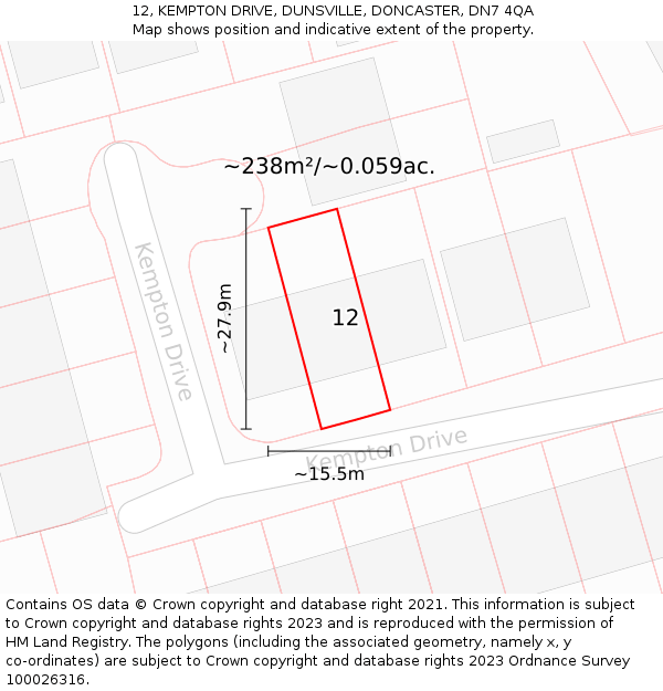 12, KEMPTON DRIVE, DUNSVILLE, DONCASTER, DN7 4QA: Plot and title map