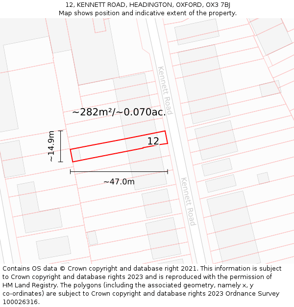 12, KENNETT ROAD, HEADINGTON, OXFORD, OX3 7BJ: Plot and title map