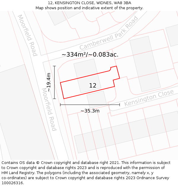 12, KENSINGTON CLOSE, WIDNES, WA8 3BA: Plot and title map