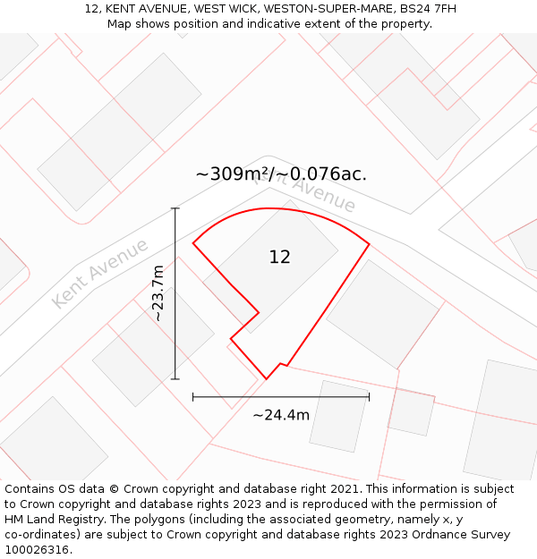 12, KENT AVENUE, WEST WICK, WESTON-SUPER-MARE, BS24 7FH: Plot and title map