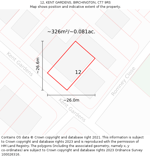 12, KENT GARDENS, BIRCHINGTON, CT7 9RS: Plot and title map