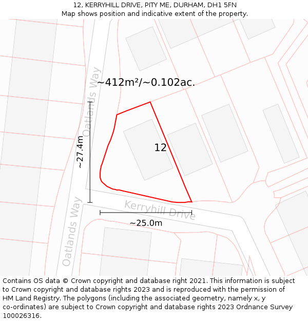 12, KERRYHILL DRIVE, PITY ME, DURHAM, DH1 5FN: Plot and title map