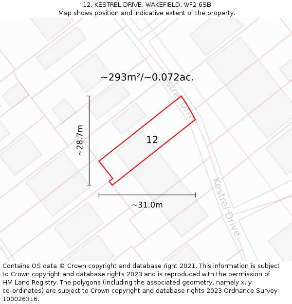 12, KESTREL DRIVE, WAKEFIELD, WF2 6SB: Plot and title map