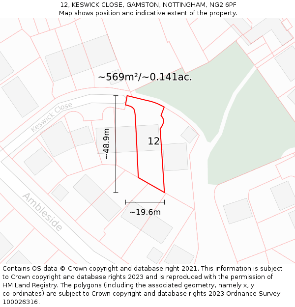 12, KESWICK CLOSE, GAMSTON, NOTTINGHAM, NG2 6PF: Plot and title map