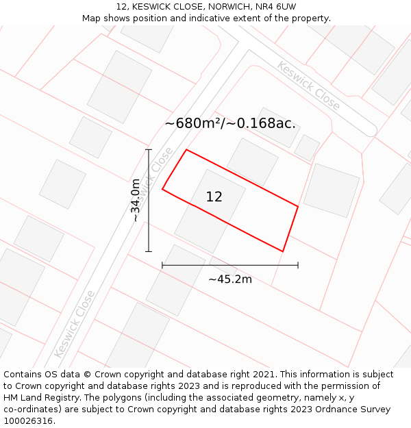 12, KESWICK CLOSE, NORWICH, NR4 6UW: Plot and title map