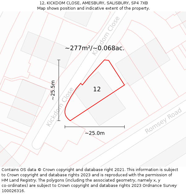 12, KICKDOM CLOSE, AMESBURY, SALISBURY, SP4 7XB: Plot and title map