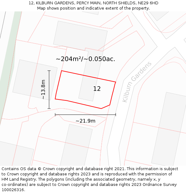 12, KILBURN GARDENS, PERCY MAIN, NORTH SHIELDS, NE29 6HD: Plot and title map