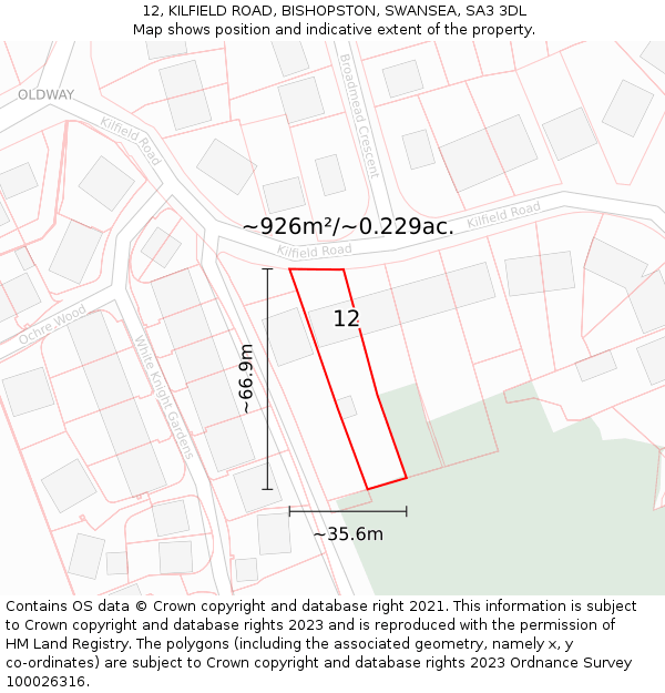 12, KILFIELD ROAD, BISHOPSTON, SWANSEA, SA3 3DL: Plot and title map