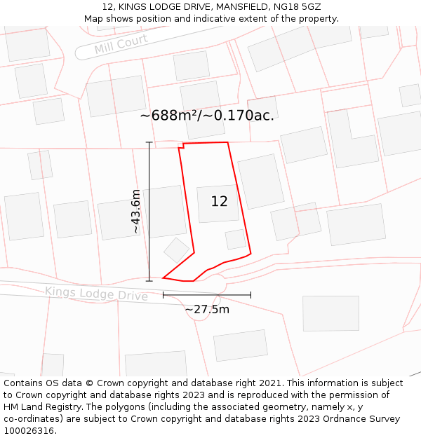 12, KINGS LODGE DRIVE, MANSFIELD, NG18 5GZ: Plot and title map
