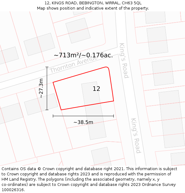 12, KINGS ROAD, BEBINGTON, WIRRAL, CH63 5QL: Plot and title map