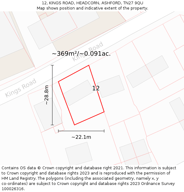 12, KINGS ROAD, HEADCORN, ASHFORD, TN27 9QU: Plot and title map