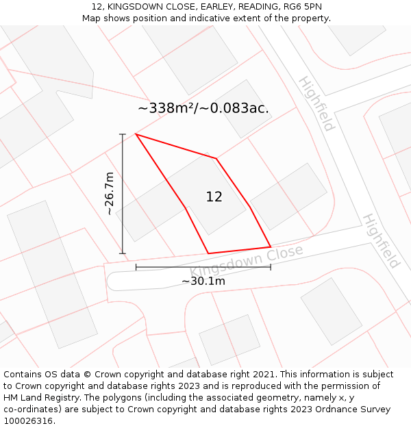 12, KINGSDOWN CLOSE, EARLEY, READING, RG6 5PN: Plot and title map
