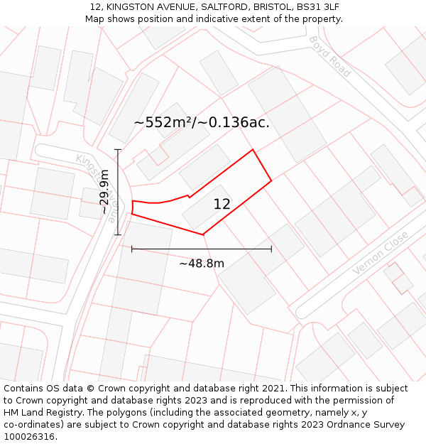 12, KINGSTON AVENUE, SALTFORD, BRISTOL, BS31 3LF: Plot and title map