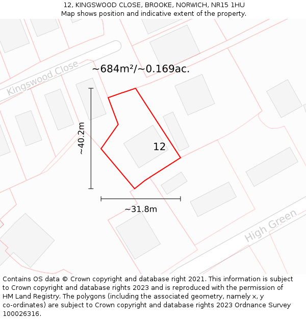 12, KINGSWOOD CLOSE, BROOKE, NORWICH, NR15 1HU: Plot and title map