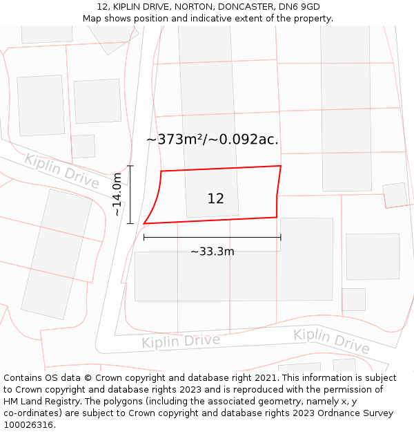 12, KIPLIN DRIVE, NORTON, DONCASTER, DN6 9GD: Plot and title map