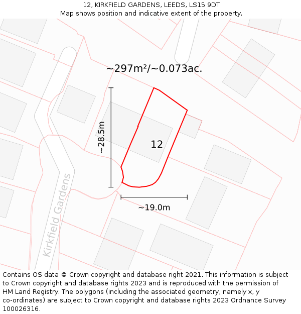 12, KIRKFIELD GARDENS, LEEDS, LS15 9DT: Plot and title map