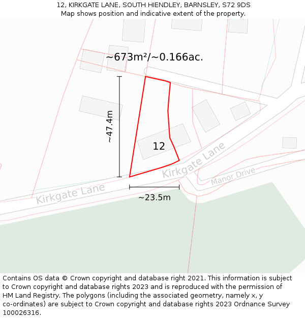 12, KIRKGATE LANE, SOUTH HIENDLEY, BARNSLEY, S72 9DS: Plot and title map