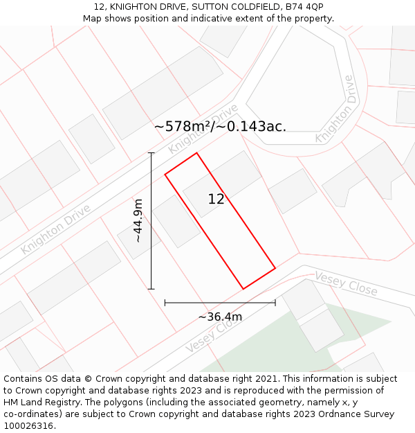 12, KNIGHTON DRIVE, SUTTON COLDFIELD, B74 4QP: Plot and title map