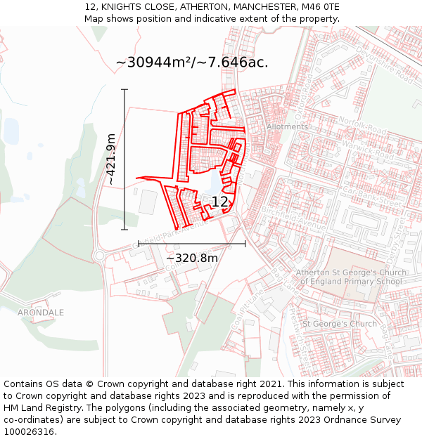 12, KNIGHTS CLOSE, ATHERTON, MANCHESTER, M46 0TE: Plot and title map