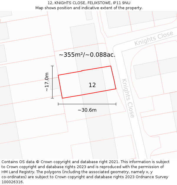 12, KNIGHTS CLOSE, FELIXSTOWE, IP11 9NU: Plot and title map