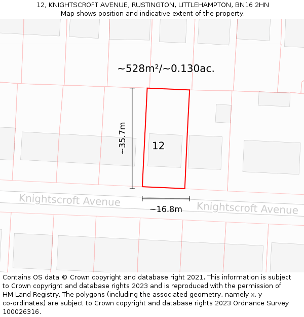 12, KNIGHTSCROFT AVENUE, RUSTINGTON, LITTLEHAMPTON, BN16 2HN: Plot and title map