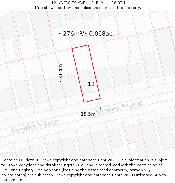 12, KNOWLES AVENUE, RHYL, LL18 3TU: Plot and title map