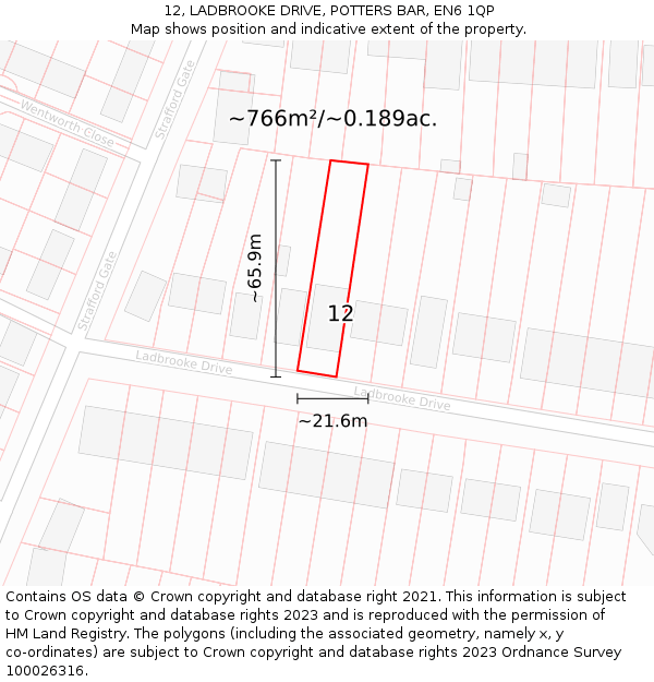 12, LADBROOKE DRIVE, POTTERS BAR, EN6 1QP: Plot and title map