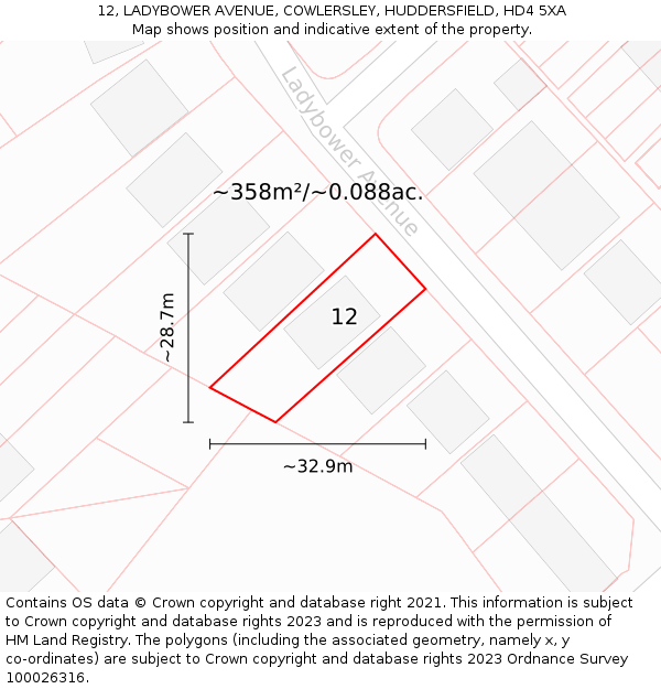 12, LADYBOWER AVENUE, COWLERSLEY, HUDDERSFIELD, HD4 5XA: Plot and title map