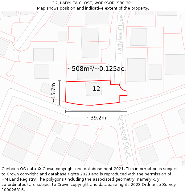 12, LADYLEA CLOSE, WORKSOP, S80 3PL: Plot and title map