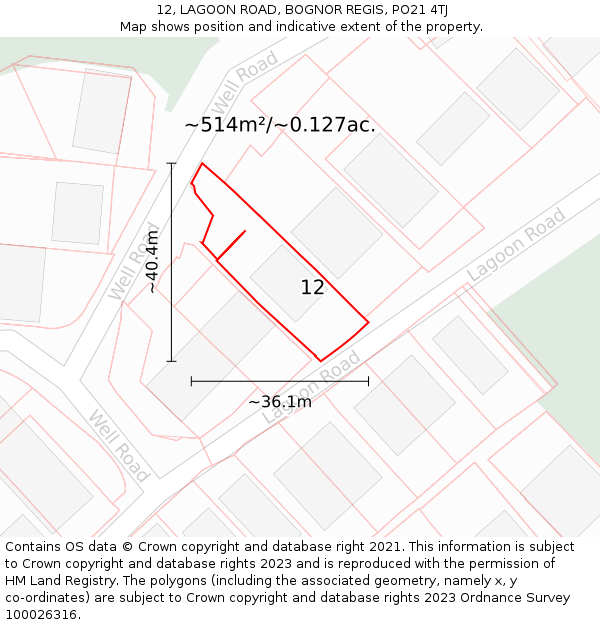 12, LAGOON ROAD, BOGNOR REGIS, PO21 4TJ: Plot and title map