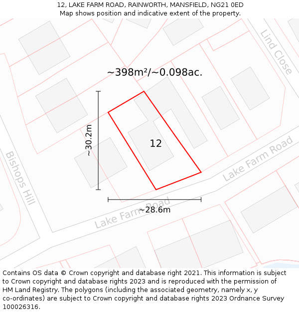 12, LAKE FARM ROAD, RAINWORTH, MANSFIELD, NG21 0ED: Plot and title map