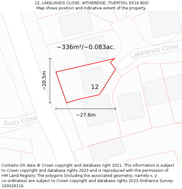 12, LAKELANDS CLOSE, WITHERIDGE, TIVERTON, EX16 8DD: Plot and title map
