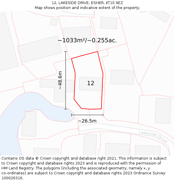 12, LAKESIDE DRIVE, ESHER, KT10 9EZ: Plot and title map