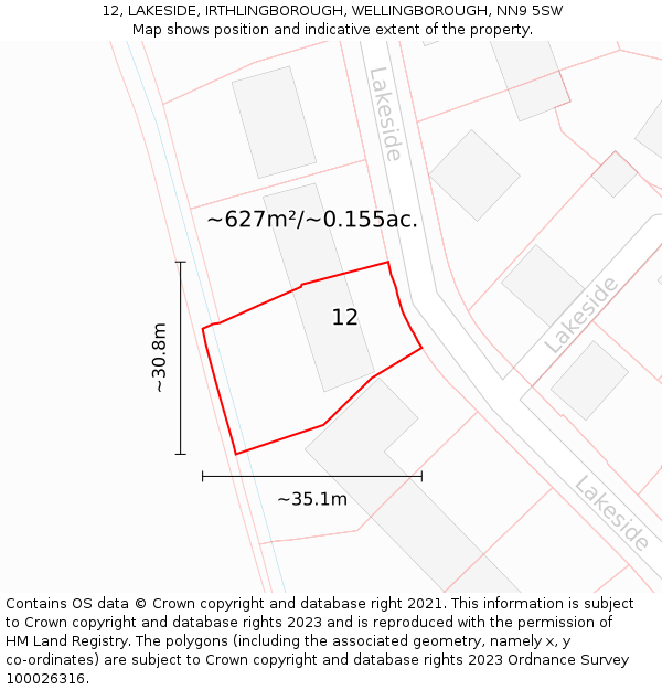 12, LAKESIDE, IRTHLINGBOROUGH, WELLINGBOROUGH, NN9 5SW: Plot and title map