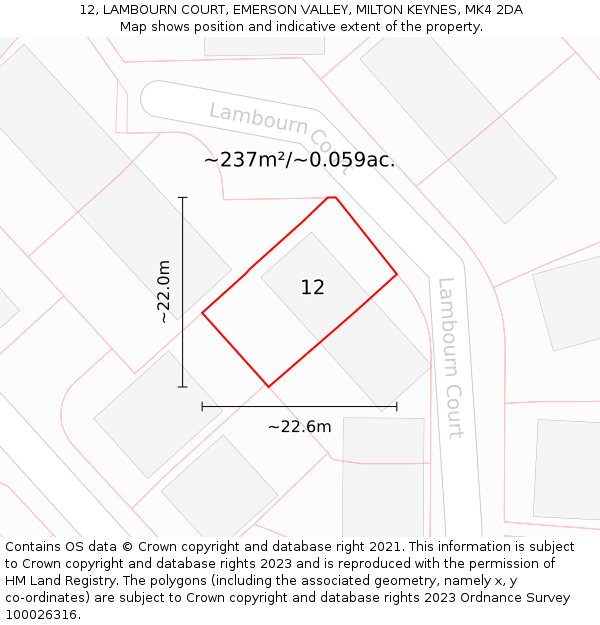 12, LAMBOURN COURT, EMERSON VALLEY, MILTON KEYNES, MK4 2DA: Plot and title map