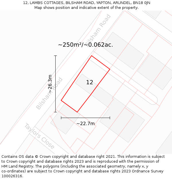 12, LAMBS COTTAGES, BILSHAM ROAD, YAPTON, ARUNDEL, BN18 0JN: Plot and title map