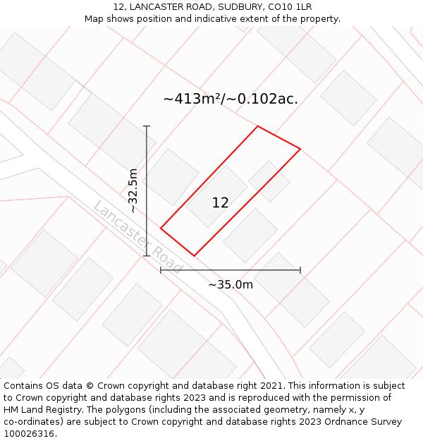 12, LANCASTER ROAD, SUDBURY, CO10 1LR: Plot and title map