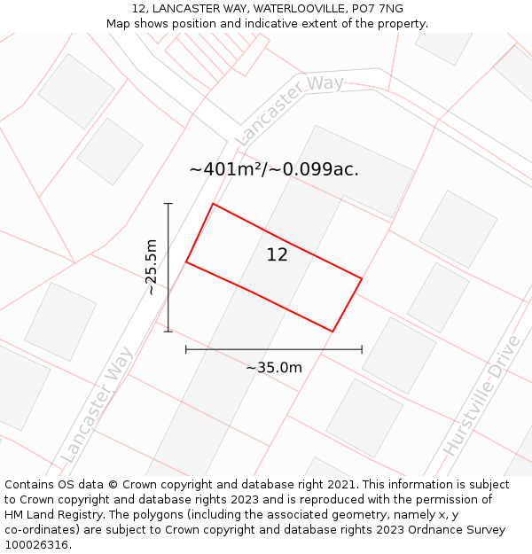 12, LANCASTER WAY, WATERLOOVILLE, PO7 7NG: Plot and title map