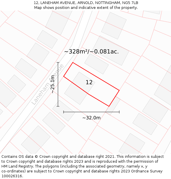 12, LANEHAM AVENUE, ARNOLD, NOTTINGHAM, NG5 7LB: Plot and title map