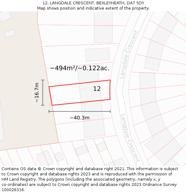 12, LANGDALE CRESCENT, BEXLEYHEATH, DA7 5DY: Plot and title map