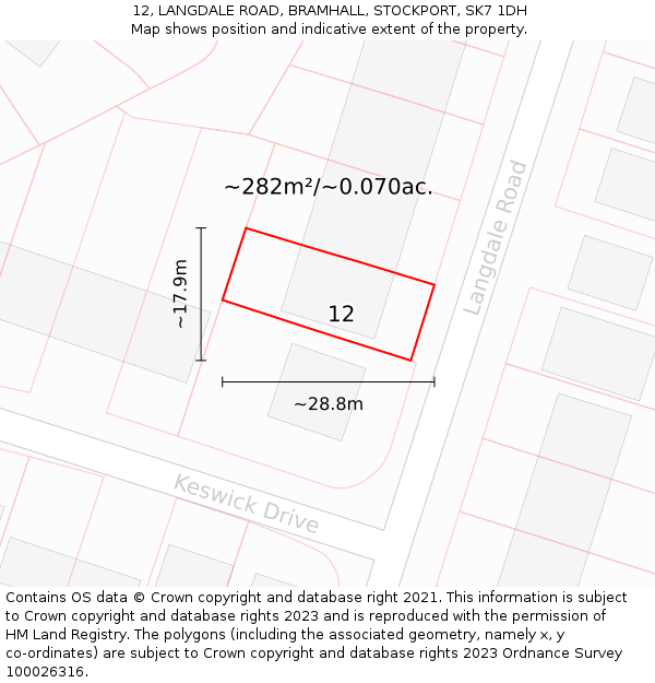 12, LANGDALE ROAD, BRAMHALL, STOCKPORT, SK7 1DH: Plot and title map