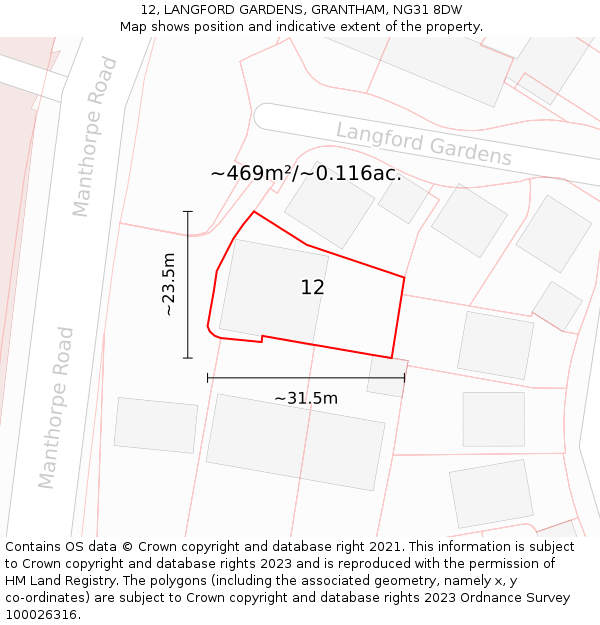 12, LANGFORD GARDENS, GRANTHAM, NG31 8DW: Plot and title map