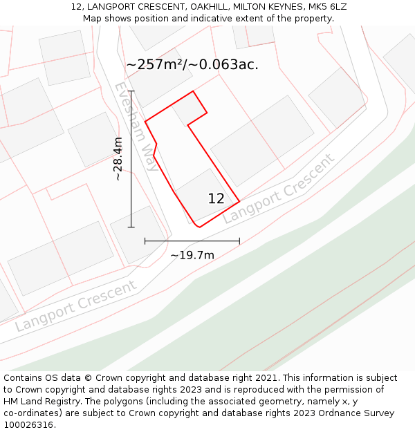 12, LANGPORT CRESCENT, OAKHILL, MILTON KEYNES, MK5 6LZ: Plot and title map