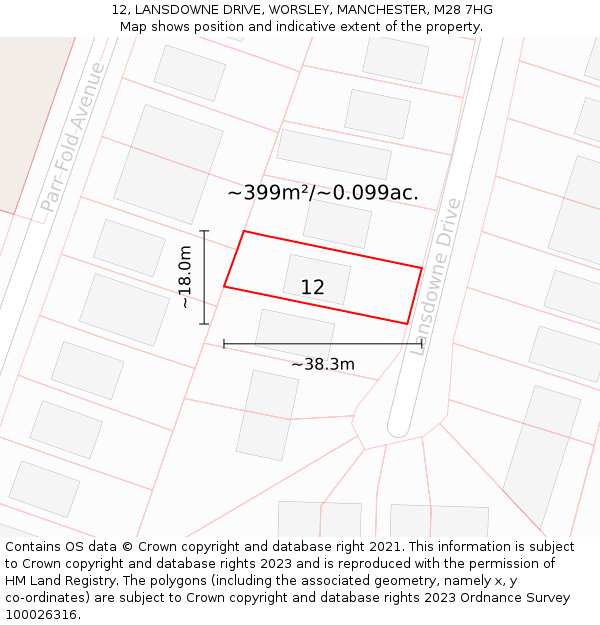 12, LANSDOWNE DRIVE, WORSLEY, MANCHESTER, M28 7HG: Plot and title map