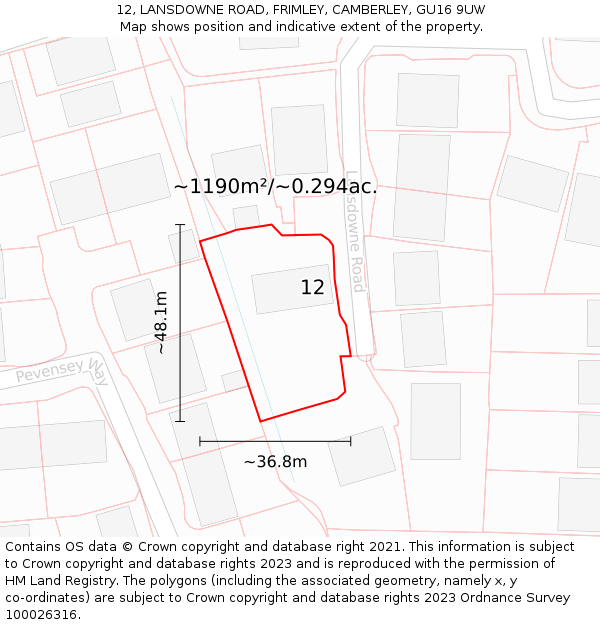 12, LANSDOWNE ROAD, FRIMLEY, CAMBERLEY, GU16 9UW: Plot and title map