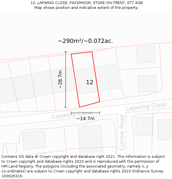 12, LAPWING CLOSE, PACKMOOR, STOKE-ON-TRENT, ST7 4GB: Plot and title map