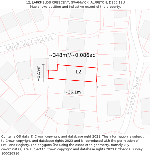 12, LARKFIELDS CRESCENT, SWANWICK, ALFRETON, DE55 1EU: Plot and title map