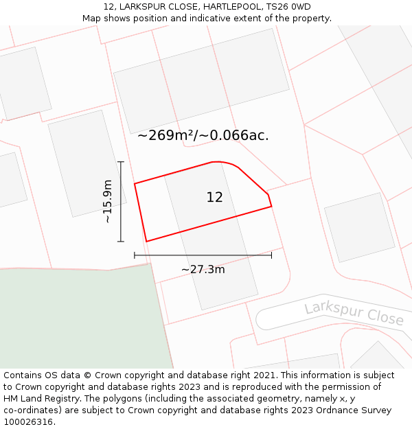 12, LARKSPUR CLOSE, HARTLEPOOL, TS26 0WD: Plot and title map