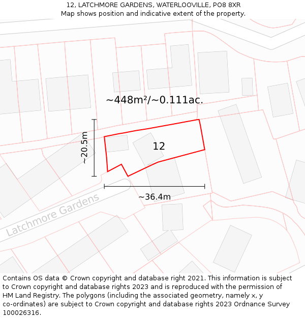 12, LATCHMORE GARDENS, WATERLOOVILLE, PO8 8XR: Plot and title map