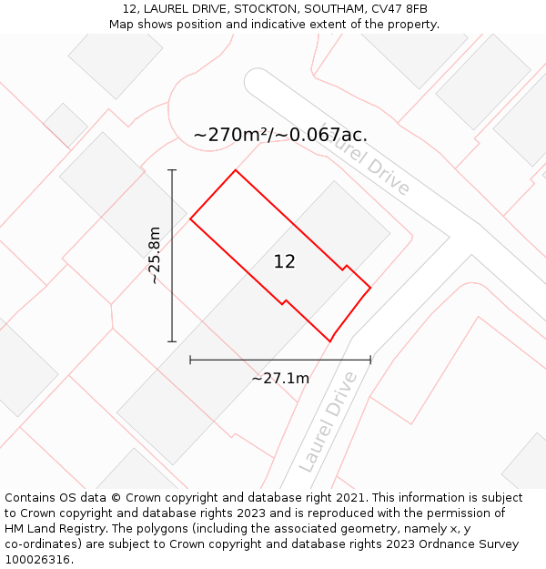 12, LAUREL DRIVE, STOCKTON, SOUTHAM, CV47 8FB: Plot and title map